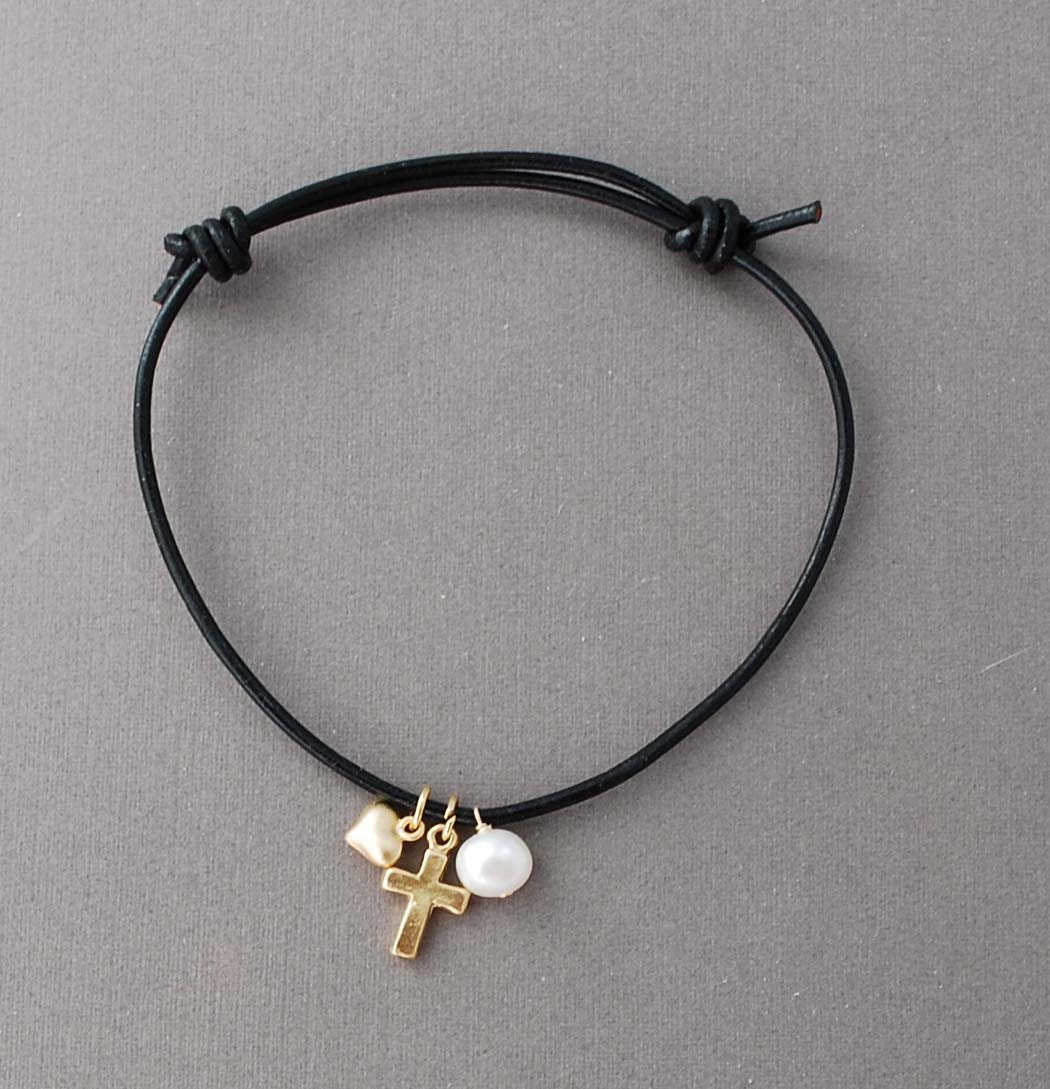 Cross, Heart, and Pearl Adjustable Leather Bracelet Gold or Silver