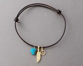 Feather, Peace Sign, Turquoise Adjustable Leather Bracelet Gold or Silver
