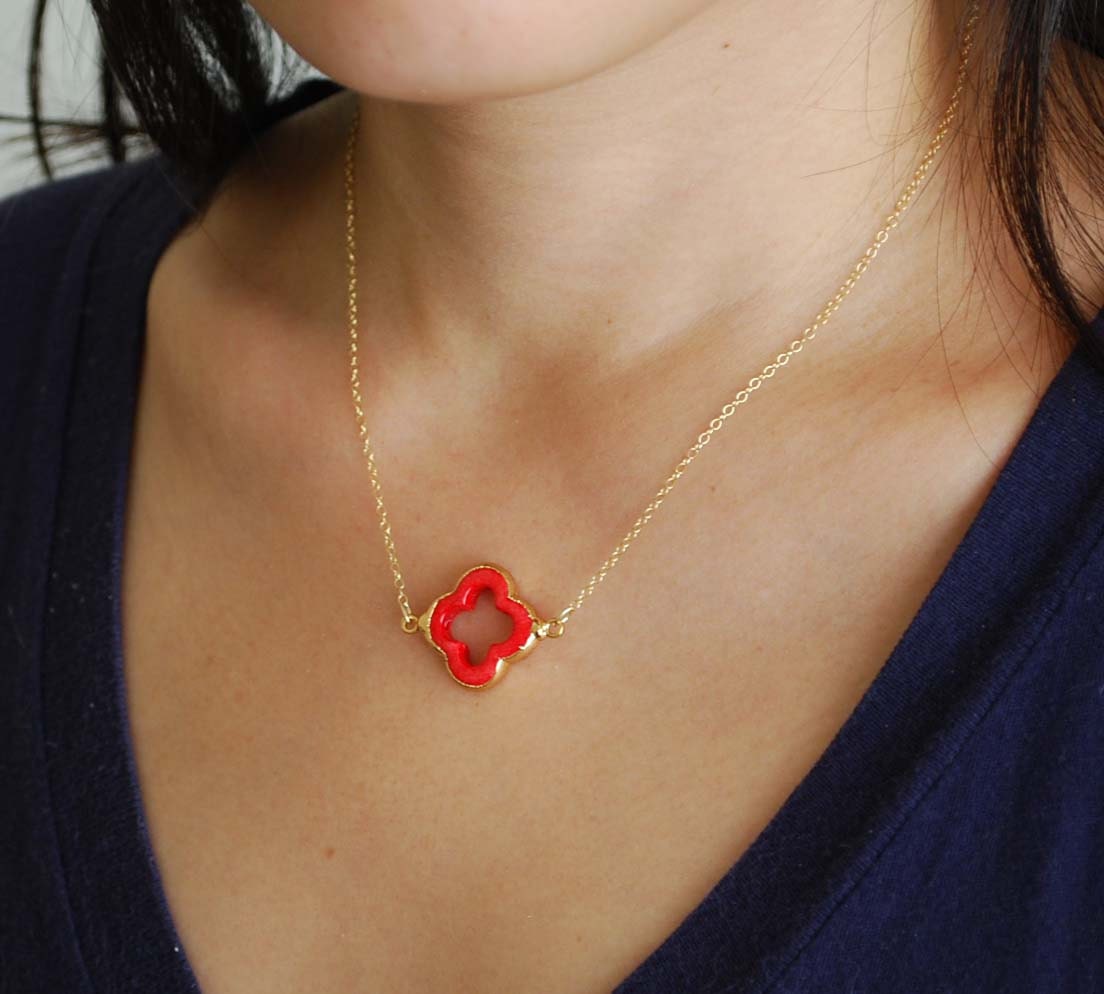 Red Coral Four Leaf Clover Gold Necklace