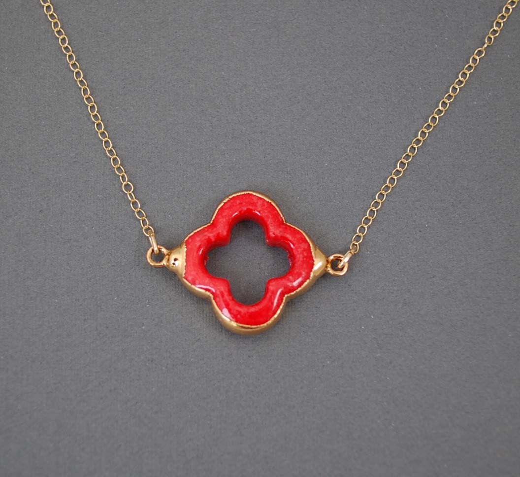 Red Coral Four Leaf Clover Gold Necklace