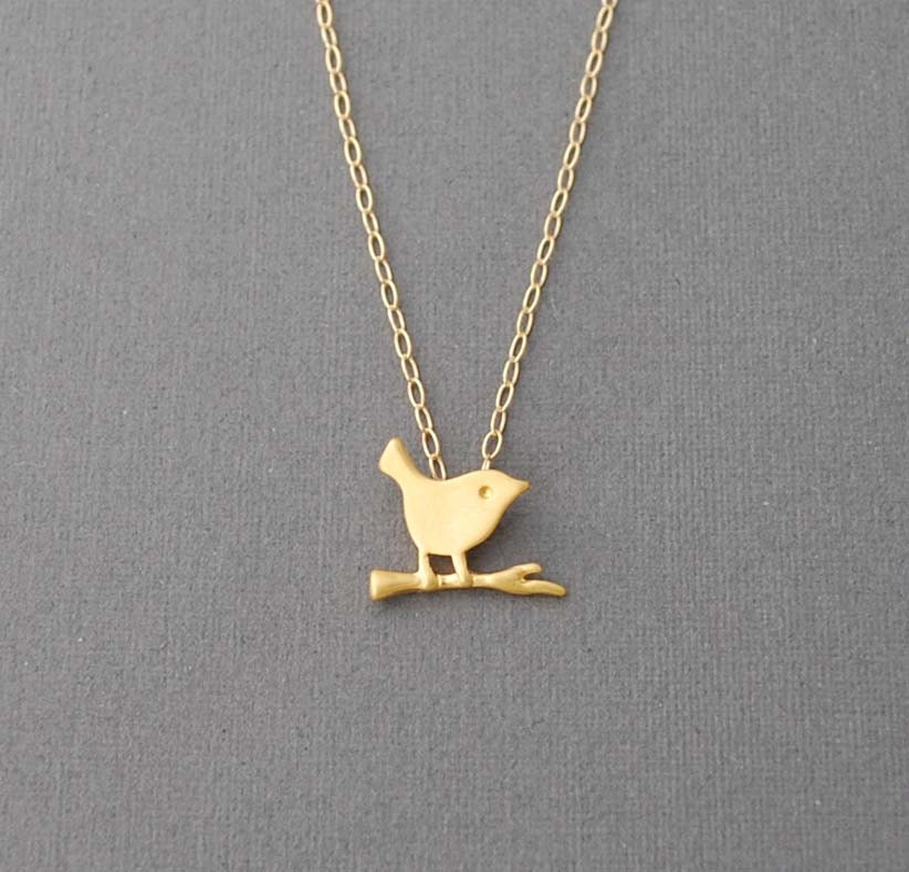 Tiny Gold Bird on Branch Necklace also available in Silver