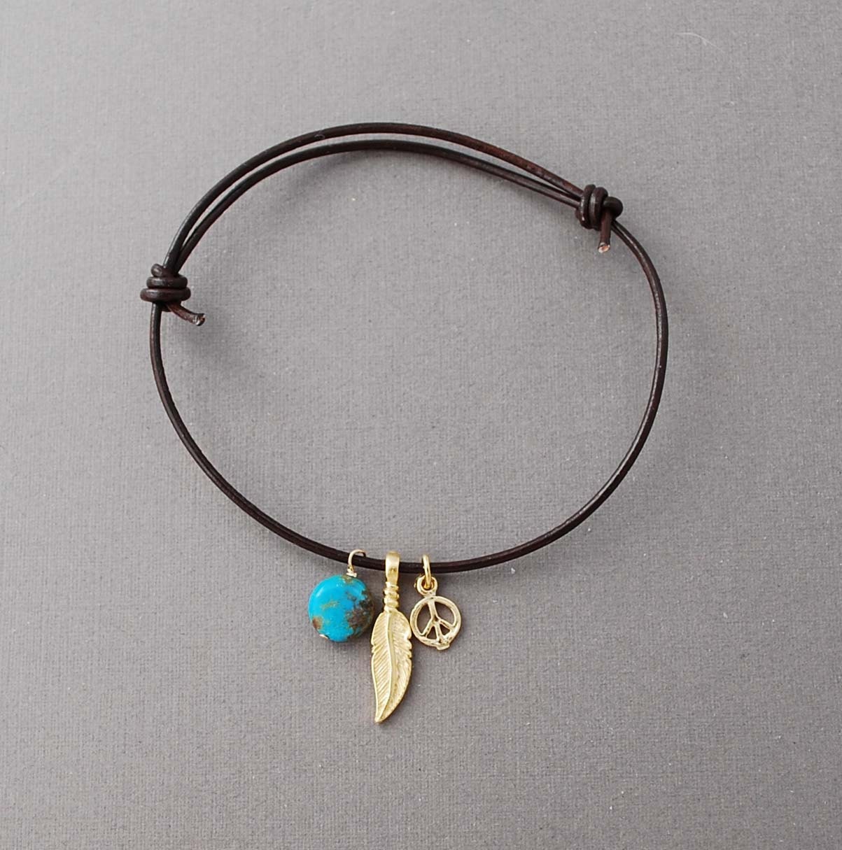 Feather, Peace Sign, Turquoise Adjustable Leather Bracelet Gold or Silver