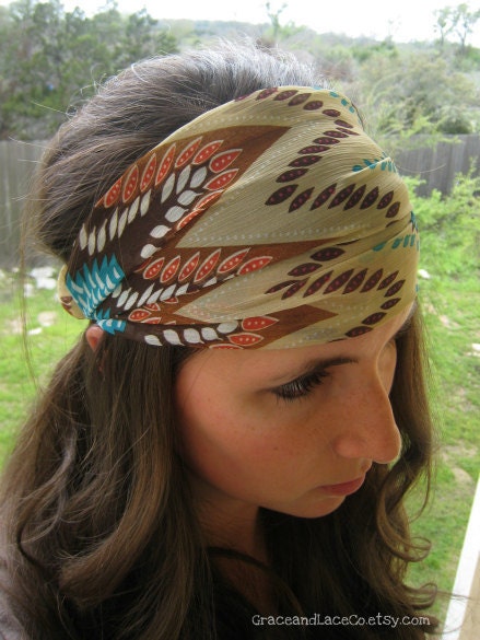Boho Chiffon Headwrap - Aztec headband - turban hair wrap head covering head scarf head wrap (item no. HW3-39)
