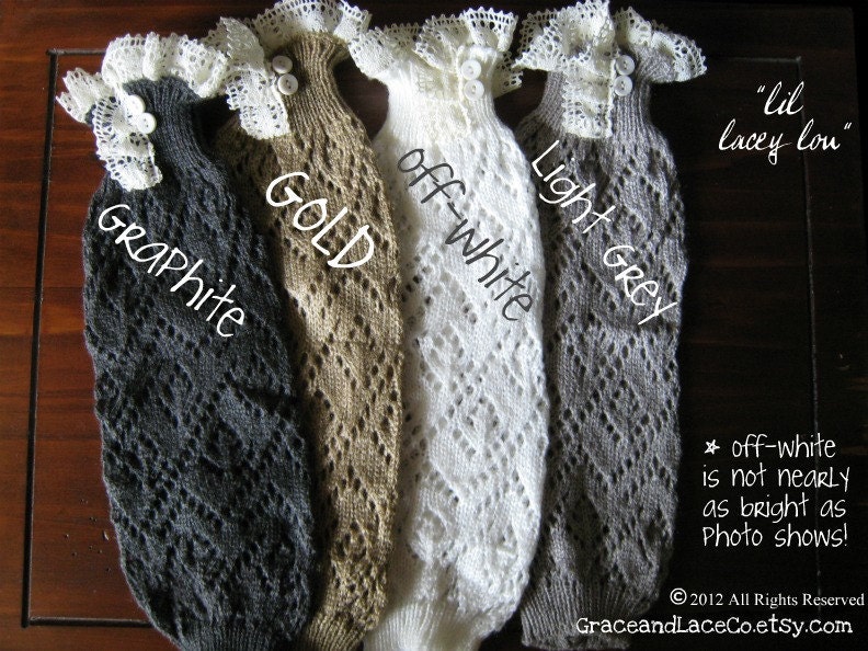 Lacey Arm Warmers - womens Fingerless Gloves in Graphite - open-knit with lace trim & buttons: (item no. A-3-23)