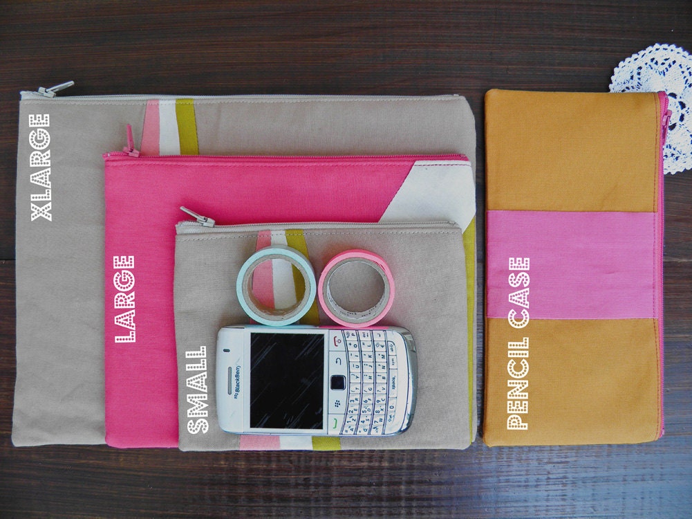 Geometric XLARGE zipper pouch 10 x 8 inch triangle purple camel and hot pink