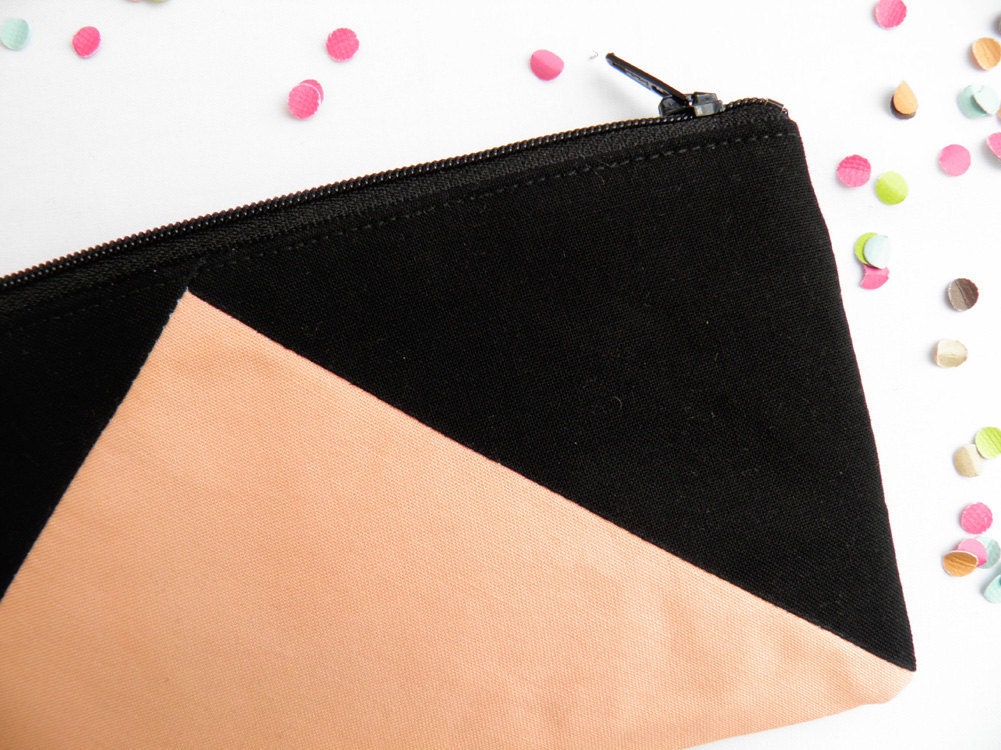zipper pouch 4"X8"  geometry  pencil case black peach