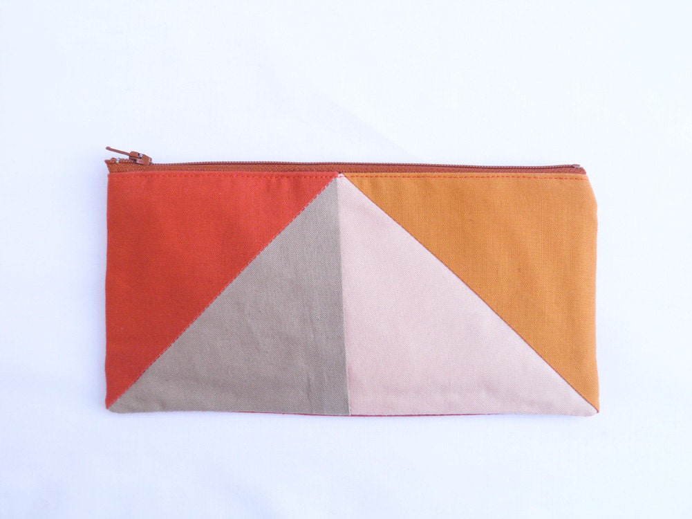 Neon zipper pouch 4"X8"  geometry  pencil case in paprika camel peach and apricot