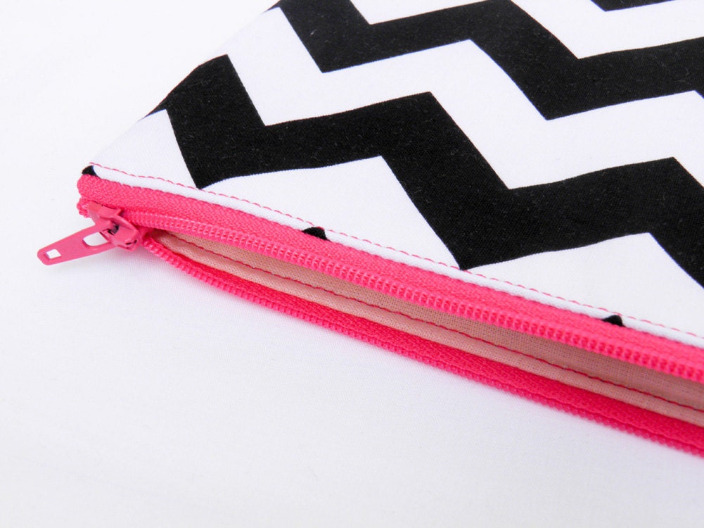 Neon Chevron XLARGE zipper pouch 10 x 8 inch geometry black and white and hot pink