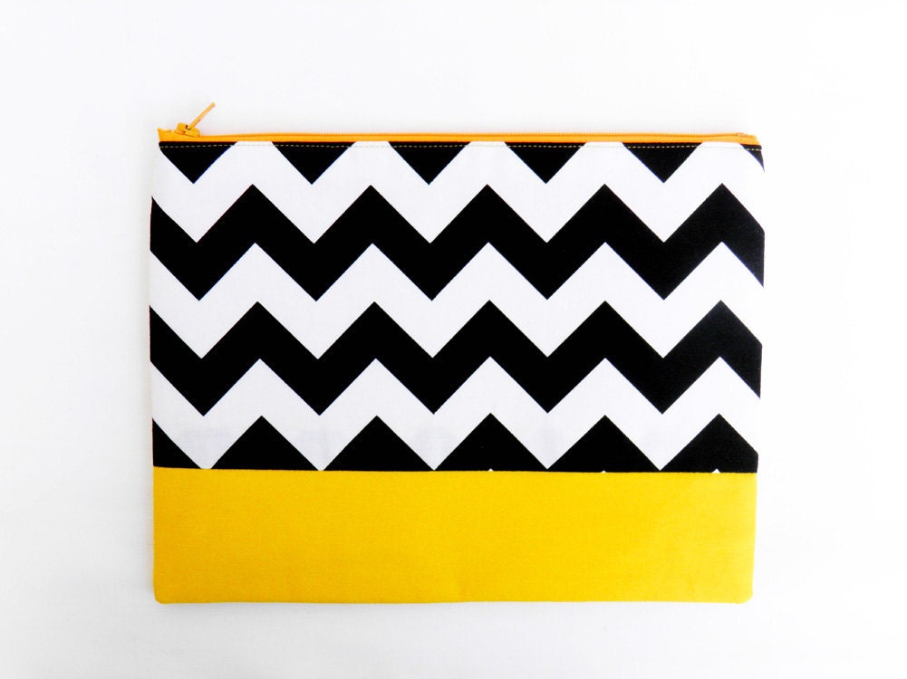Neon XLARGE zipper pouch 10 x 8 inch geometry color block black and white and yellow