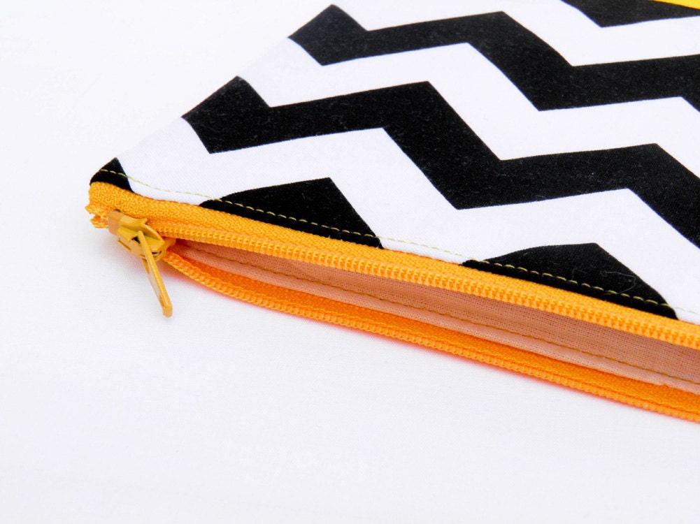 Neon XLARGE zipper pouch 10 x 8 inch geometry color block black and white and yellow