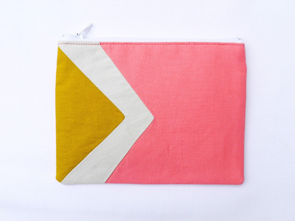 RESERVED Neon Small zipper pouch 4,7"X6" geometry color block in mustard and coral