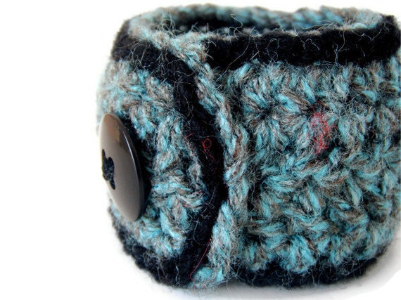 Turquoise Tweed & Black cuff - Soft crochet fiber cuff,  funky jewelry for autumn fashion / fall 2012 - BeachPlumCottage