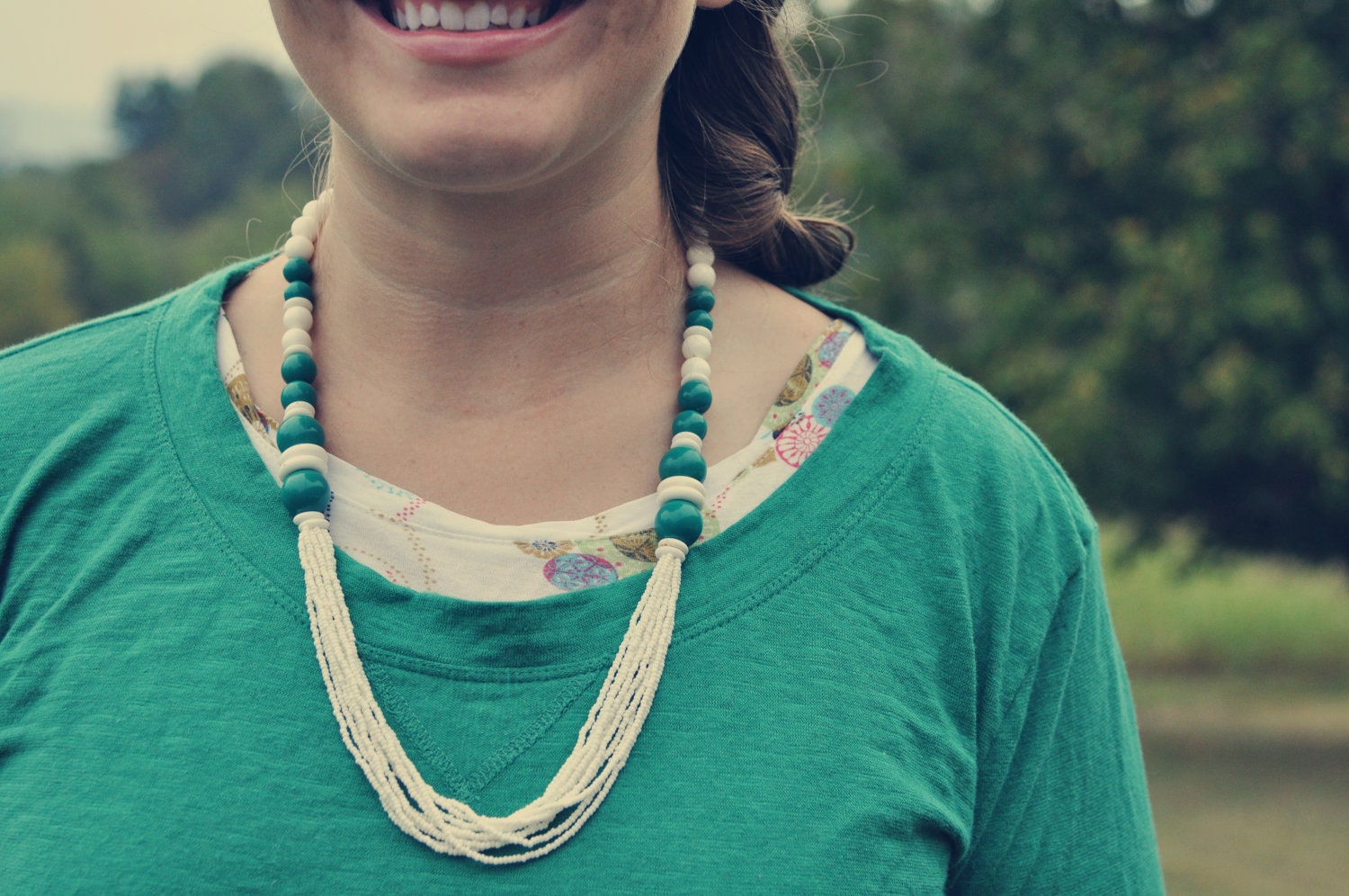 Fun Vintage Teal and White Beaded Necklace