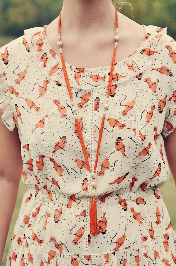 Vintage Orange Tassel Necklace with Faux Pears and Goldtone Metal Caps