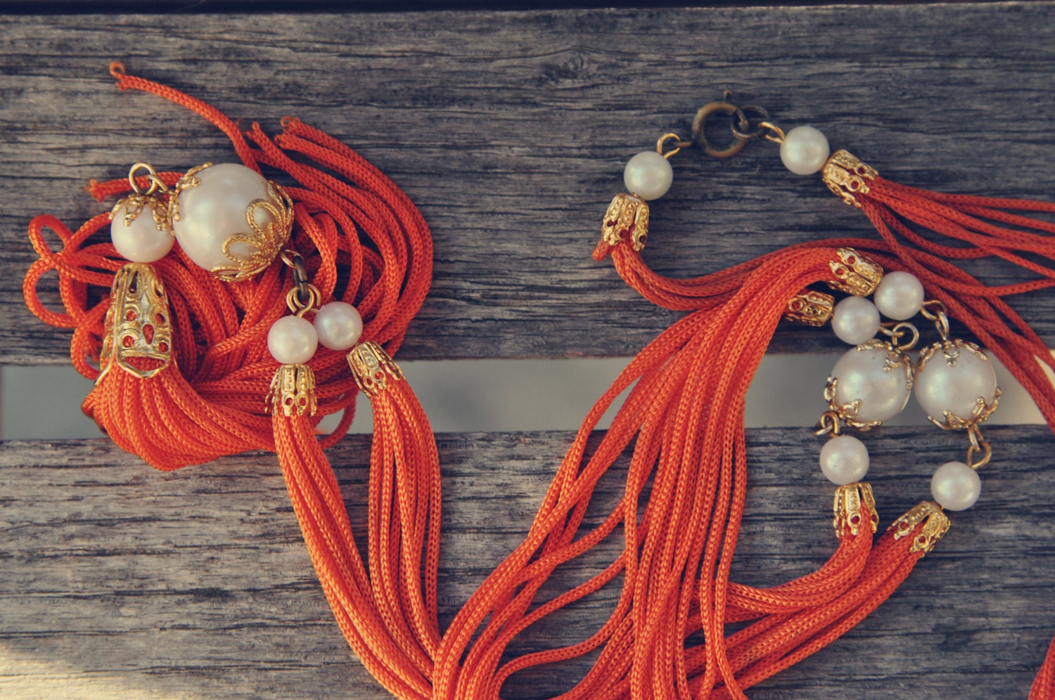 Vintage Orange Tassel Necklace with Faux Pears and Goldtone Metal Caps