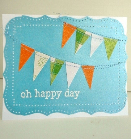 Summer BUNTING FLAG BANNER Sewn Card, Oh Happy Day, Blue Orange White Green, Celebrate Congrats Birthday Greeting, Glitter Stamp Embossed