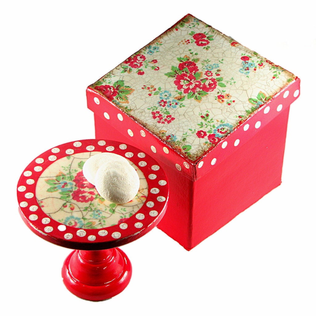 Polka dots - roses - red - white - decoupaged - shabby - crackle - romantic - wooden - small - cake stand - cupcake pedestal