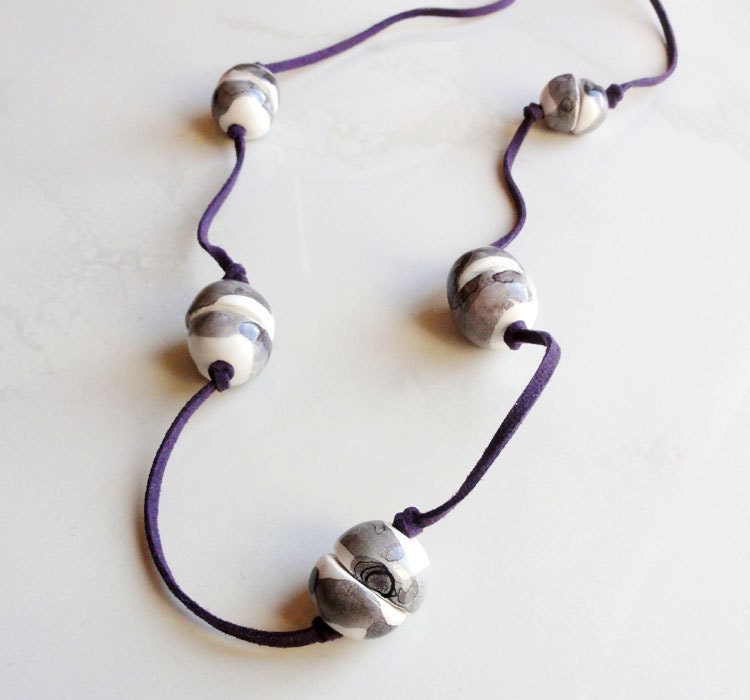 Long strand necklace in purple water colors - beadwork with handmade ceramic beads
