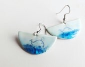 Blue dangle earrings -  whale swimming - handmade ceramic
