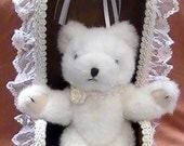 Little White Teddy bear in lace trimmed Wood Chair
