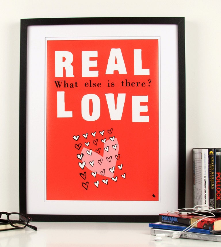 Pop art poster print red typography real love art print quote with hearts - Real love - A3