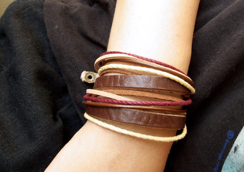 2 Circles Leather Wrap Bracelet in Brown Leather with Hemp&Leather Cord-Fall