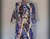 60s Vintage A Line Dress Blue and Green Print 3/4  Sleeve Size Large