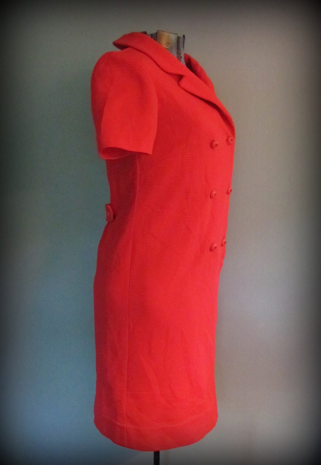 60s Red Mod Dress Button Front Short Sleeve Day Dress Wide Collar Size Medium