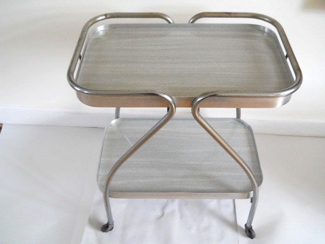 Art Deco Midcentury Tea Cart, Midcentury Chrome Furniture, Teacart VIntage, Bar Serving Furniture. Grey FAUX Wood, Home Decor