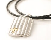 Mens Necklace-  Shield pendant n gold and silver stainless steel on a Black Leather Cord
