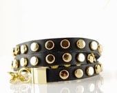 Black leather cord wrap bracelet with gold studs, womens leather bracelet, womens jewelry
