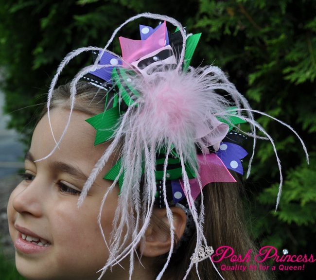 Kelly Crochet Headband w/ Huge OTT Boutique Bow, Ostrich Puff Center, Zebra, Pink, Green, Purple and Polka Dot Gross Grain Ribbons