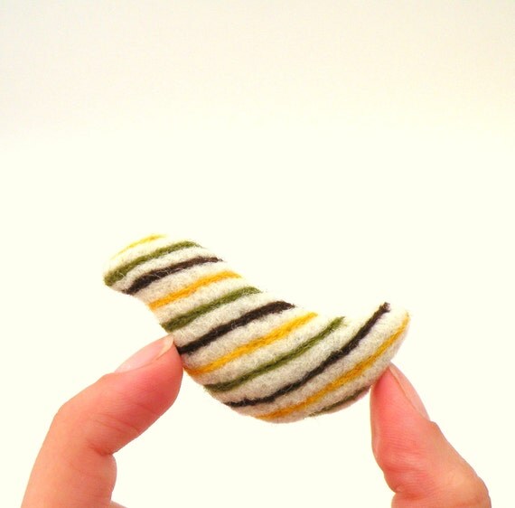 Felt brooch White bird striped yellow brown olive green - needle felted bird - miniature - woodland - geometric - stripe