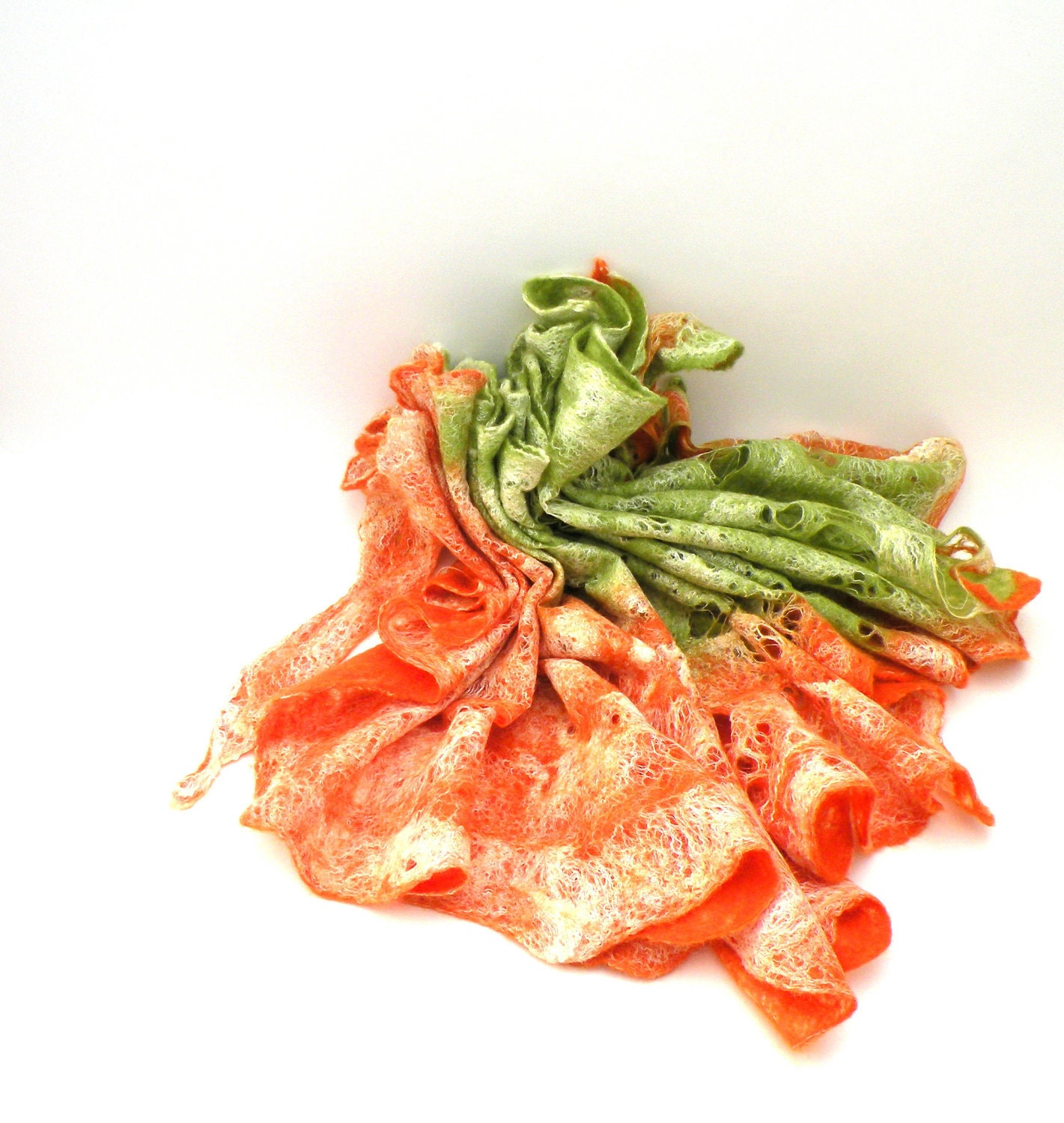 Cobweb wet felted merino wool and silk orange green scarf - felted scarf - winter autumn fall fashion - autumn scarf - made to order