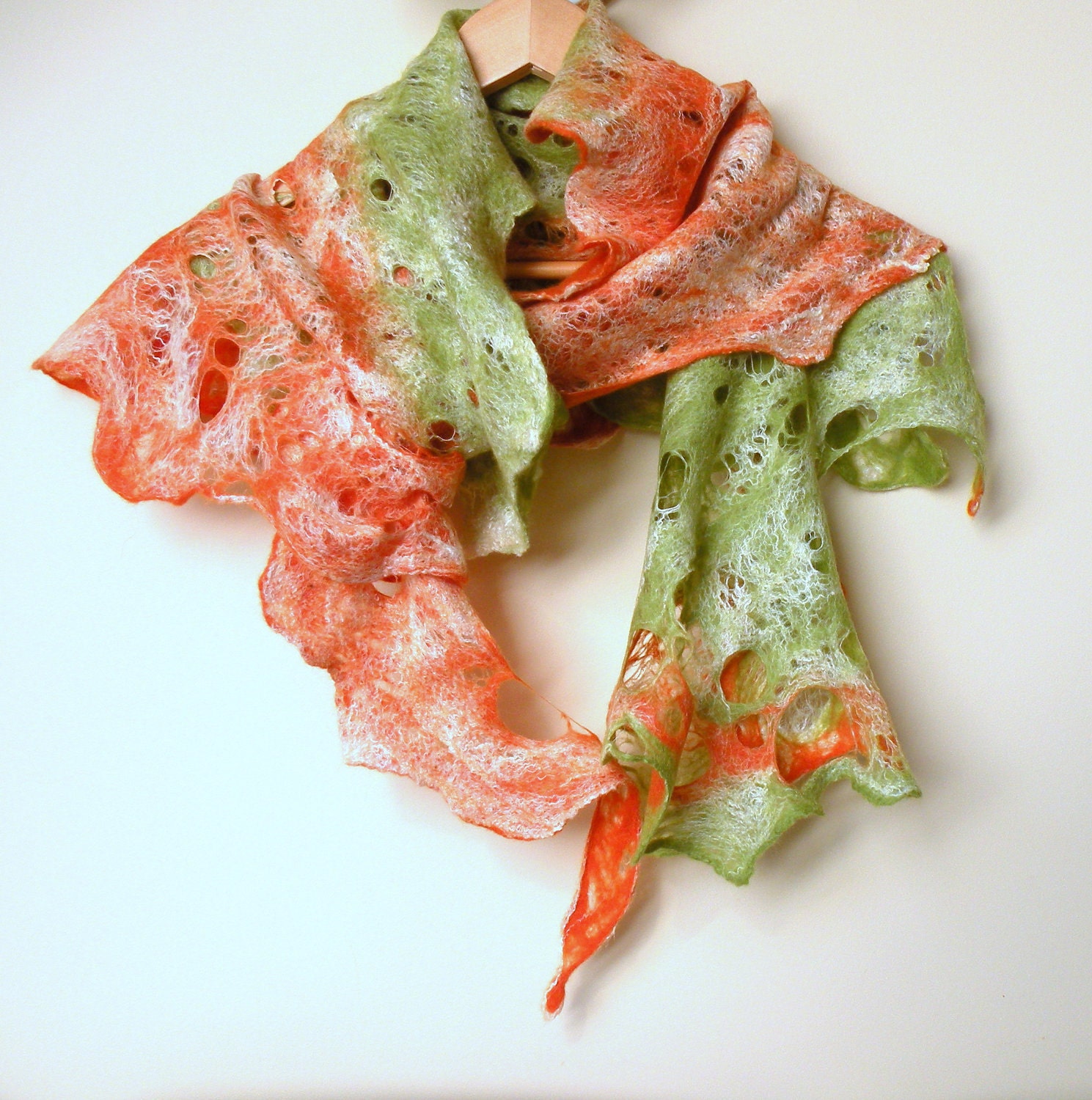 Cobweb wet felted merino wool and silk orange green scarf - felted scarf - winter autumn fall fashion - autumn scarf - made to order