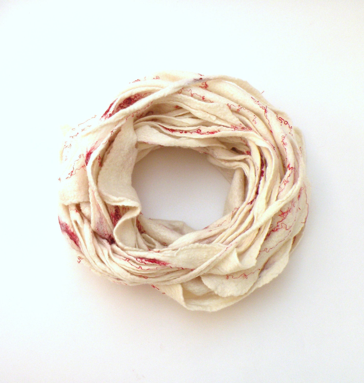 Cobweb felted wool Circle scarf - necklace / natural white and red - autumn spring scarf - infinity scarf - autumn fall fashion