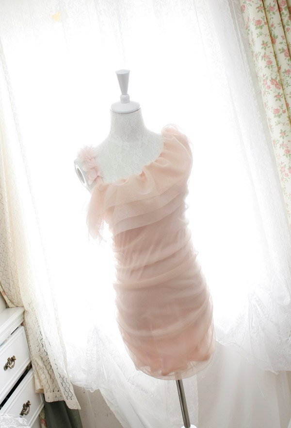 one shoulder dress chiffon floral petals ruffles cape bodycon tulle pale pink dreamy romantic Pastel