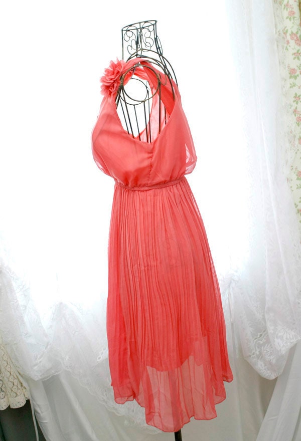 marie antoinette chiffon flower shoulder tunic V neckline pleated sleeveless chiffon dress melon