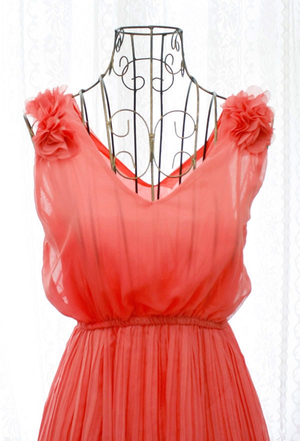 marie antoinette chiffon flower shoulder tunic V neckline pleated sleeveless chiffon dress melon