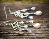 Blue and silver chandelier earrings - bridal earrings - Czech glass dangle earrings - antique silver earrings - peal earrings