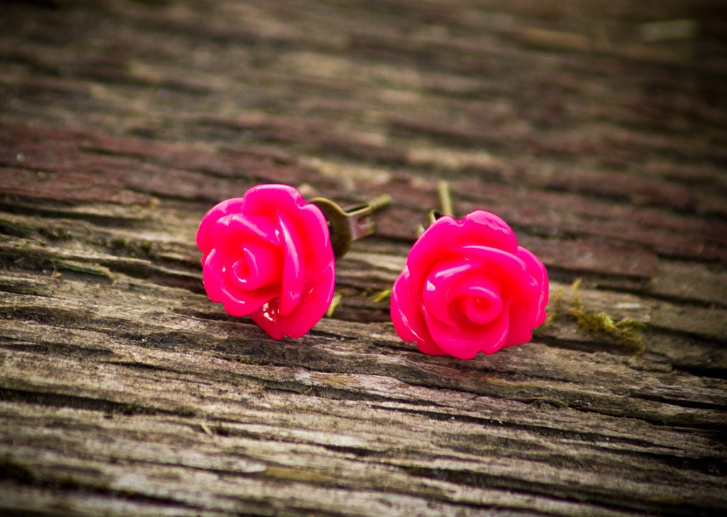 Hot pink rose earrings - flower earrings - rose stud earrings - fall earrings - rose jewelry - flower jewelry - bridesmaid earrings