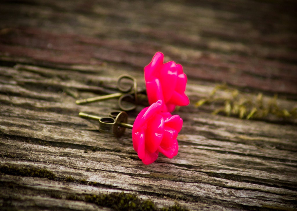 Hot pink rose earrings - flower earrings - rose stud earrings - fall earrings - rose jewelry - flower jewelry - bridesmaid earrings