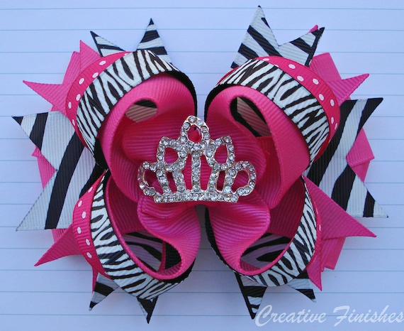 Hot Pink and Zebra Tiara Princess Hair Bow