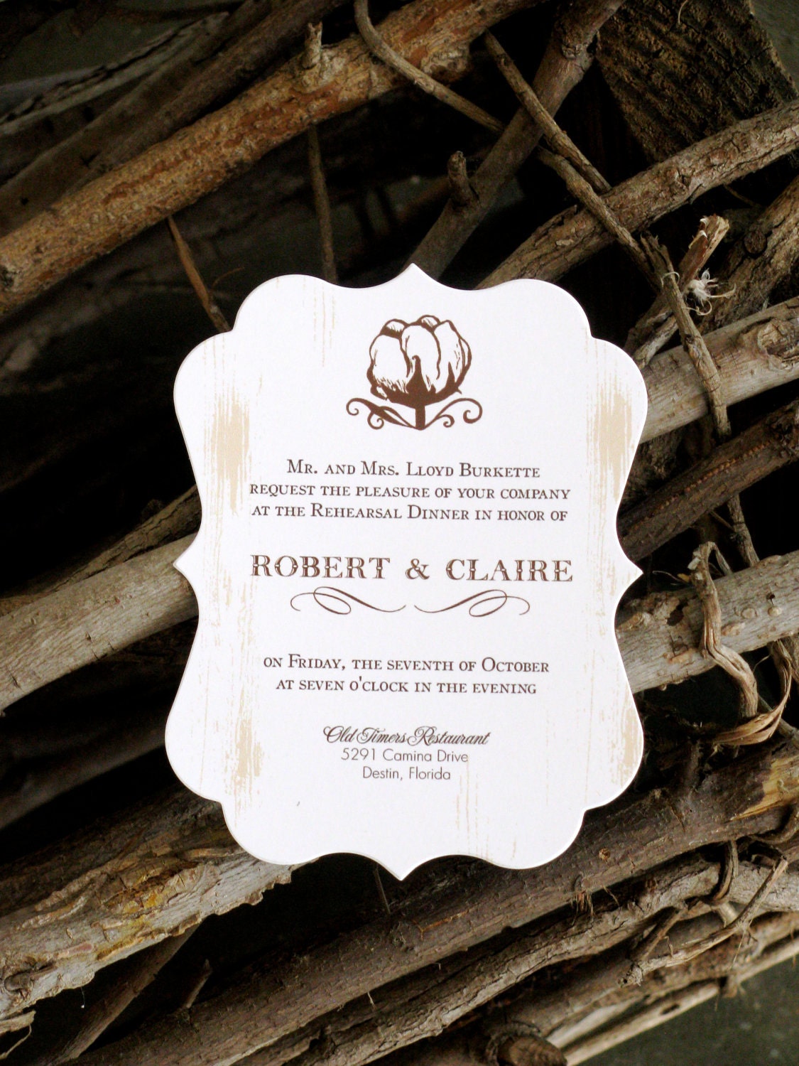 50 Rehearsal Dinner Invitations - Cotton Boll Design - Rustic die cut