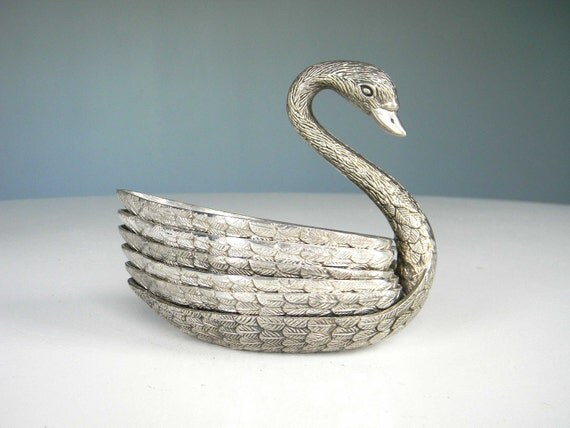 Silver Plate Swan Nesting Cups Plates Bowls Nut Dessert
