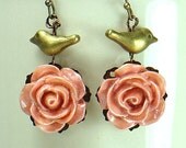 Peach Rose and Brass Bird Earrings
