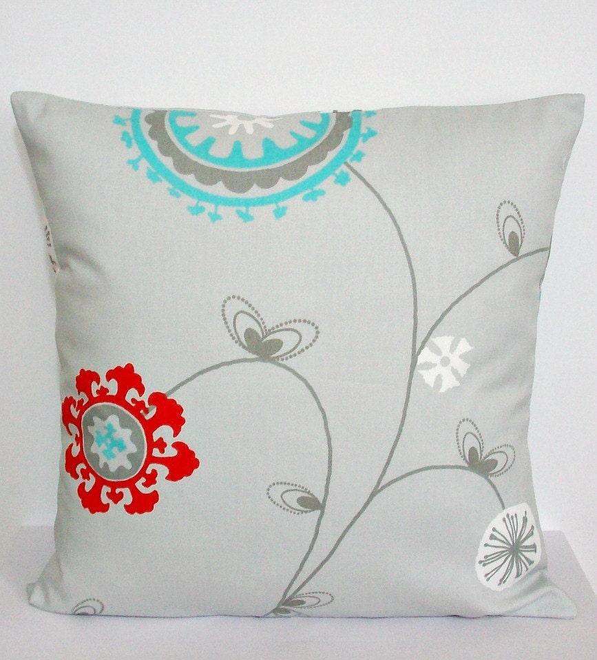 Throw Pillow Cover 16x16 Decorative Accent Toss Bed Couch Pillow Cover Cotton Decorators Fabric Gray Red Mint Blue and White