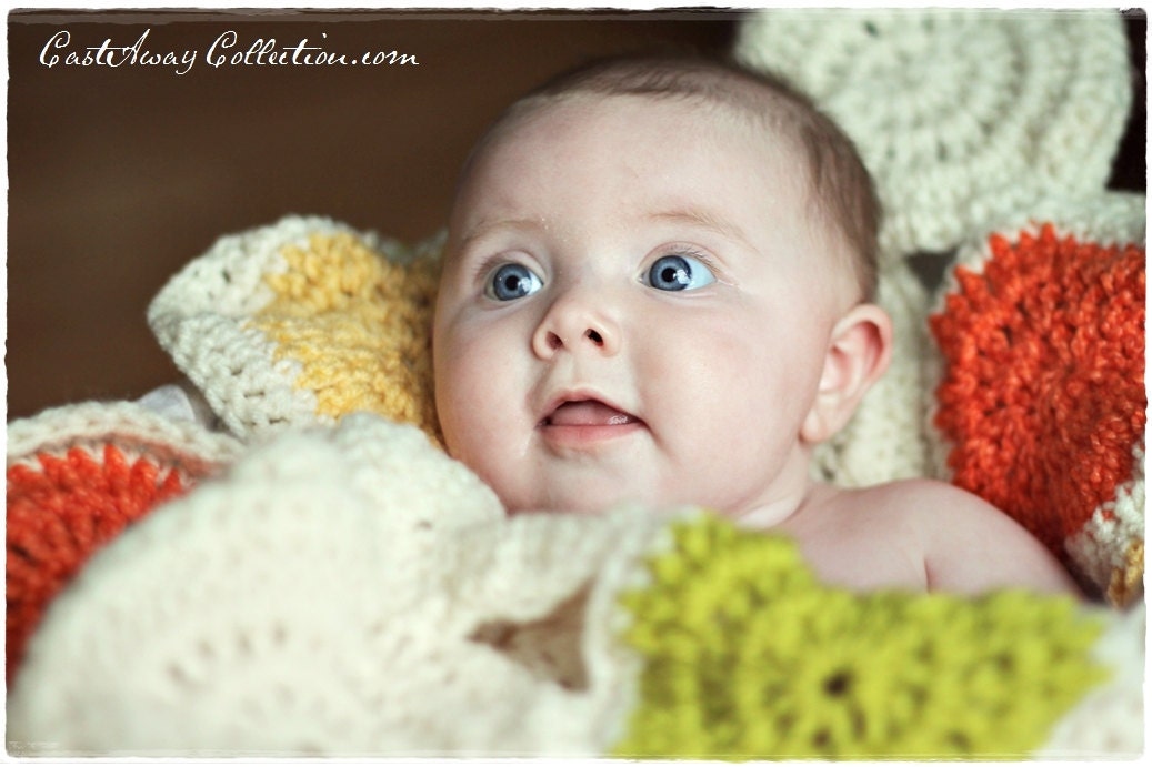 Colorful, Newborn Photo Prop, Crochet, Blanket, Afghan, Baby Shower, Nursey, New Baby, Cream, Orange, Green (The Caribbean Fantasy)