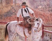 GATE DUTY Limited Edition Art Print by Jan Hurley /  Cowboy on Ranch Horse Holding Cattle