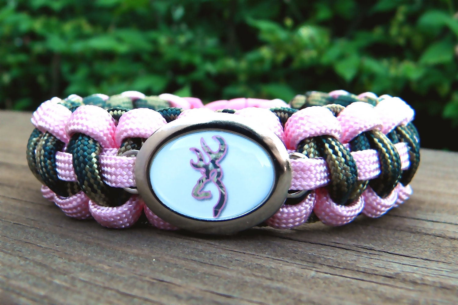 Rose Pink/Woodland Camo Paracord Bracelet with a Camo and Pink Buck Image Charm-Wrist Measurement REQUIRED Please Read Listing Details